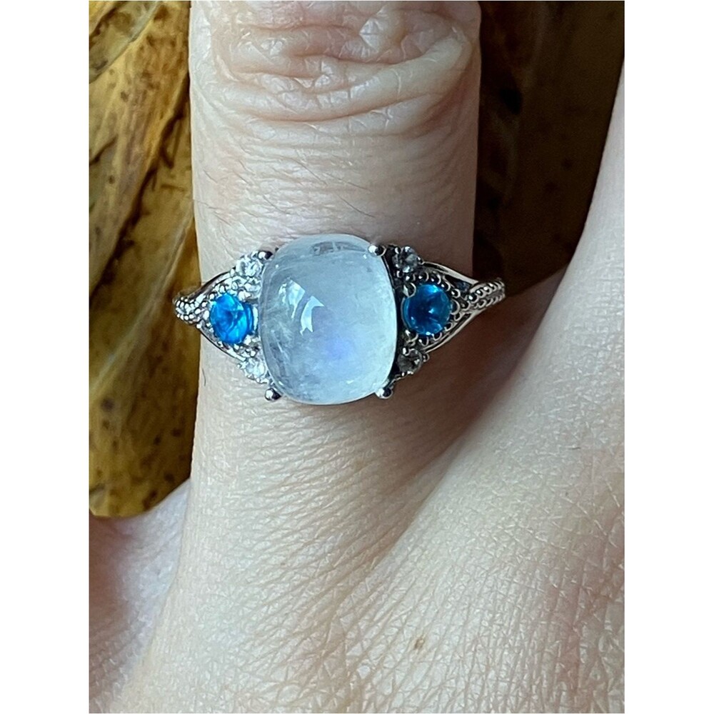 Natural Rainbow Moonstone Blue Apatite Sterling Silver Ring Size 6.75
